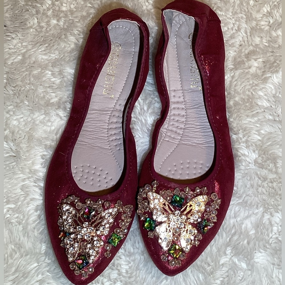 Guansitu Rhinestone Elegant Burgundy Butterfly Embellishment flat shoes size 11